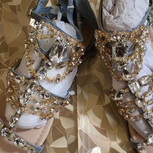 Shoe Dazzle Gold Crystal & Denim Gladiator Sandals